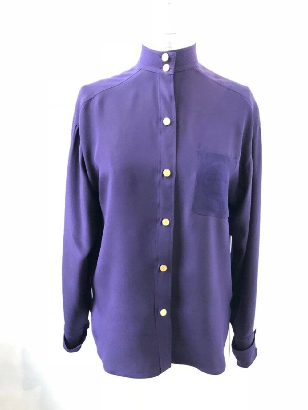 STUNNING Vintage Chanel Silk Blouse  Purple Gold CC Buttons & Cuffs FR 34/XS/US2